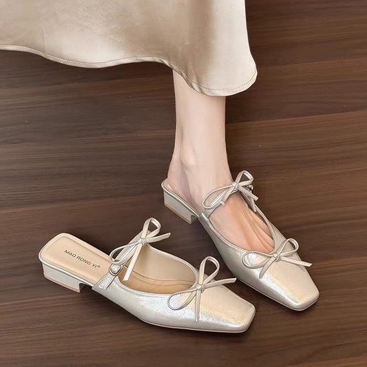 New Women's Bowknot Closed Toe Mule Slippers Elegant Chunky Heel One-Step Slip On Sandals