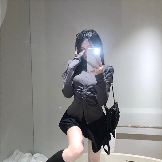 Slimming Two-Piece Set POLO-Neck Shirt And Skirt Combo