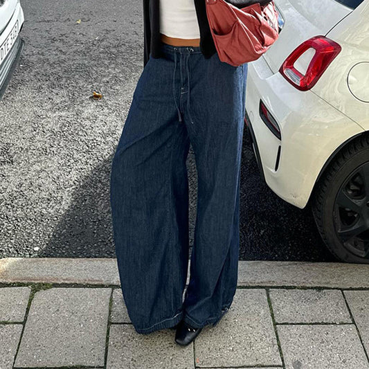 Retro Dark Blue High Waist Lace-up Jeans High Street Wide-leg Casual Pants