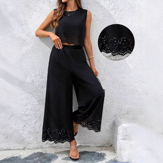 Fashionable Resort-Style Casual Hollow-Out Tank Top And Pants Two-Piece Set