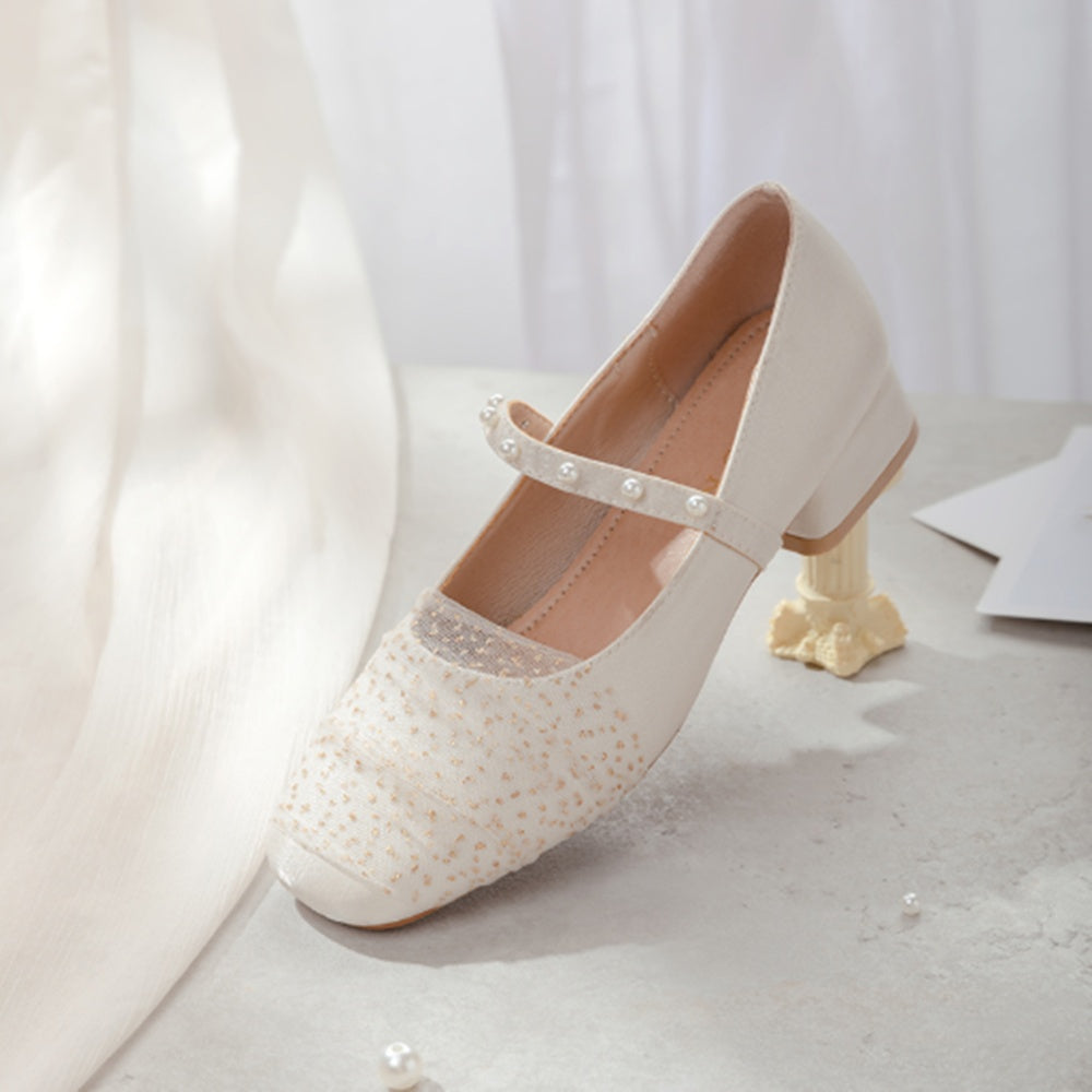 Women's Low Heel Pearl Fairy Country Style Mary Jane Cheongsam Shoes