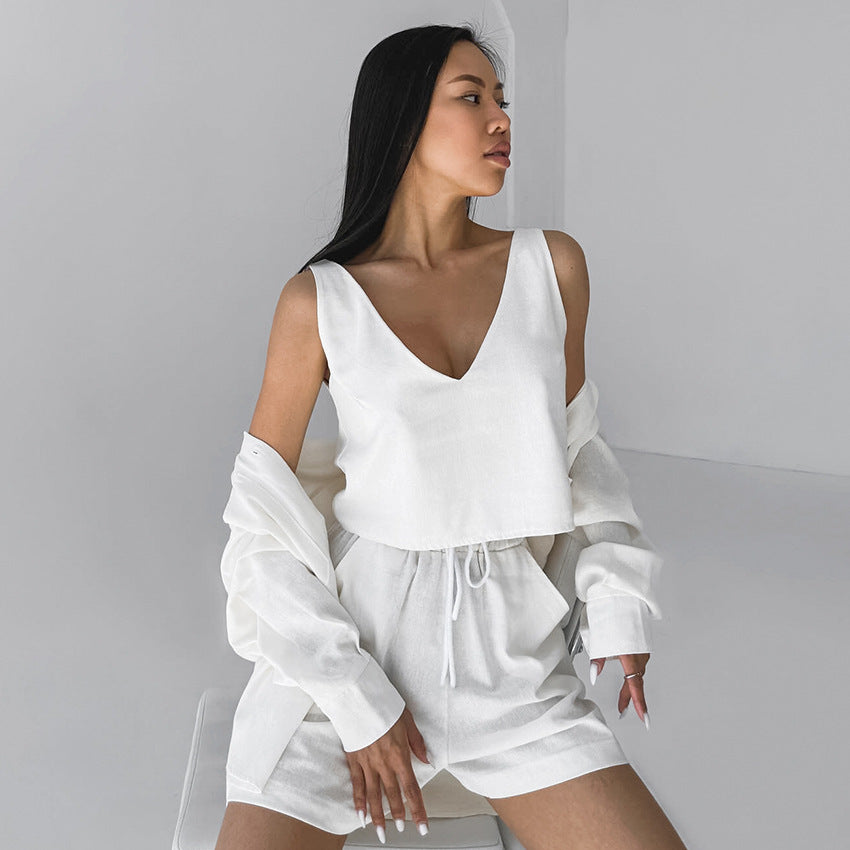 Pure Cotton Loose-Fit Wearable-at-Home Vest Shirt And Shorts Pajama Set 3 Pieces