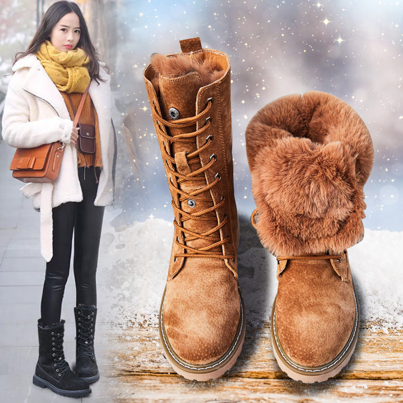 Fur Integrated Snow Boots Women's Leather Middle Tube