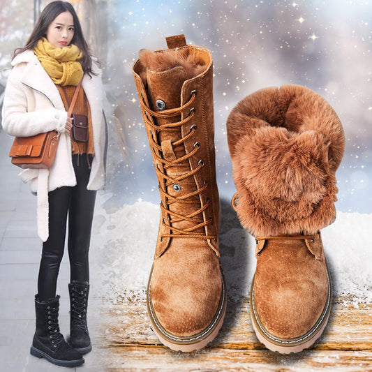 Fur Integrated Snow Boots Women's Leather Middle Tube