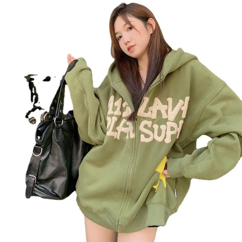 Alphabet Foam Print American Style Padded Hooded Sweatshirt Women