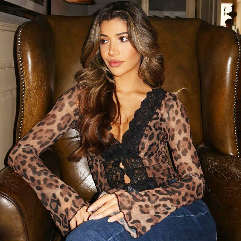 Women's Summer Fashion Printed Mesh Lace Cardigan T-shirt