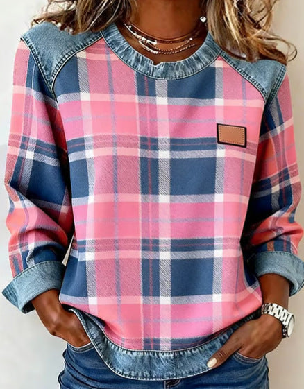 New Plaid Patchwork Loose-fitting Womens Crew-neck Blouse