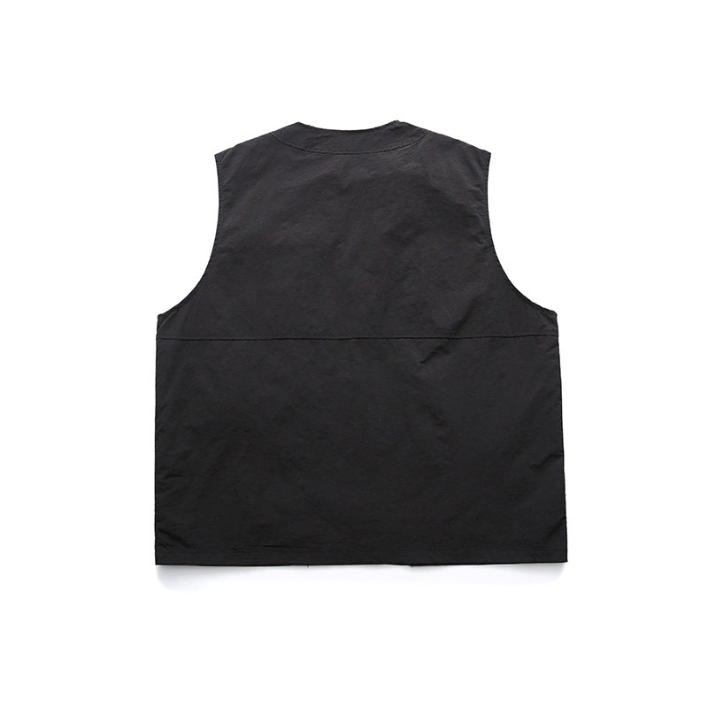Solid Color Multi-pocket Collarless Frock Vest