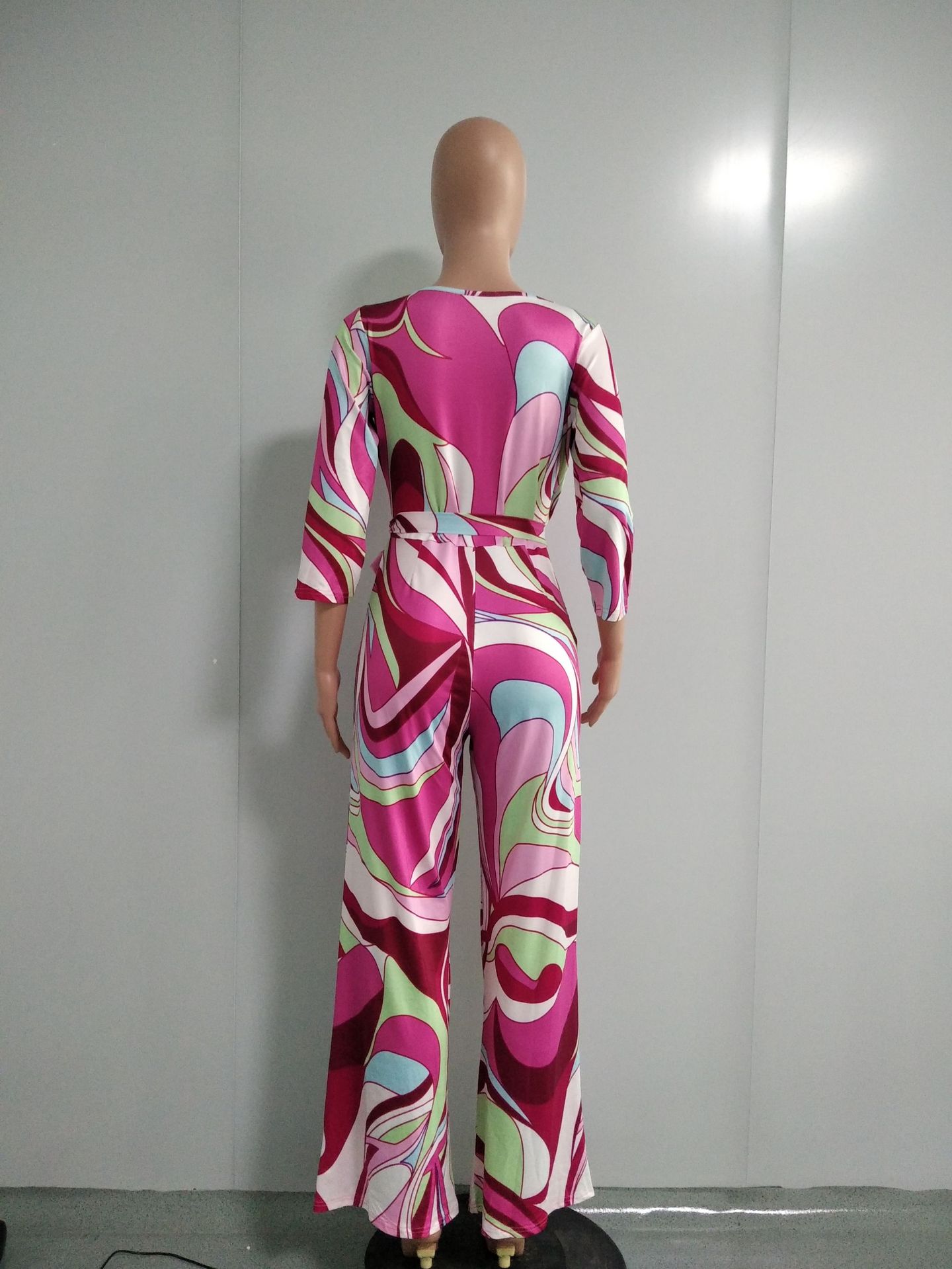 Women's V-Neck Long Sleeve Print Jumpsuit