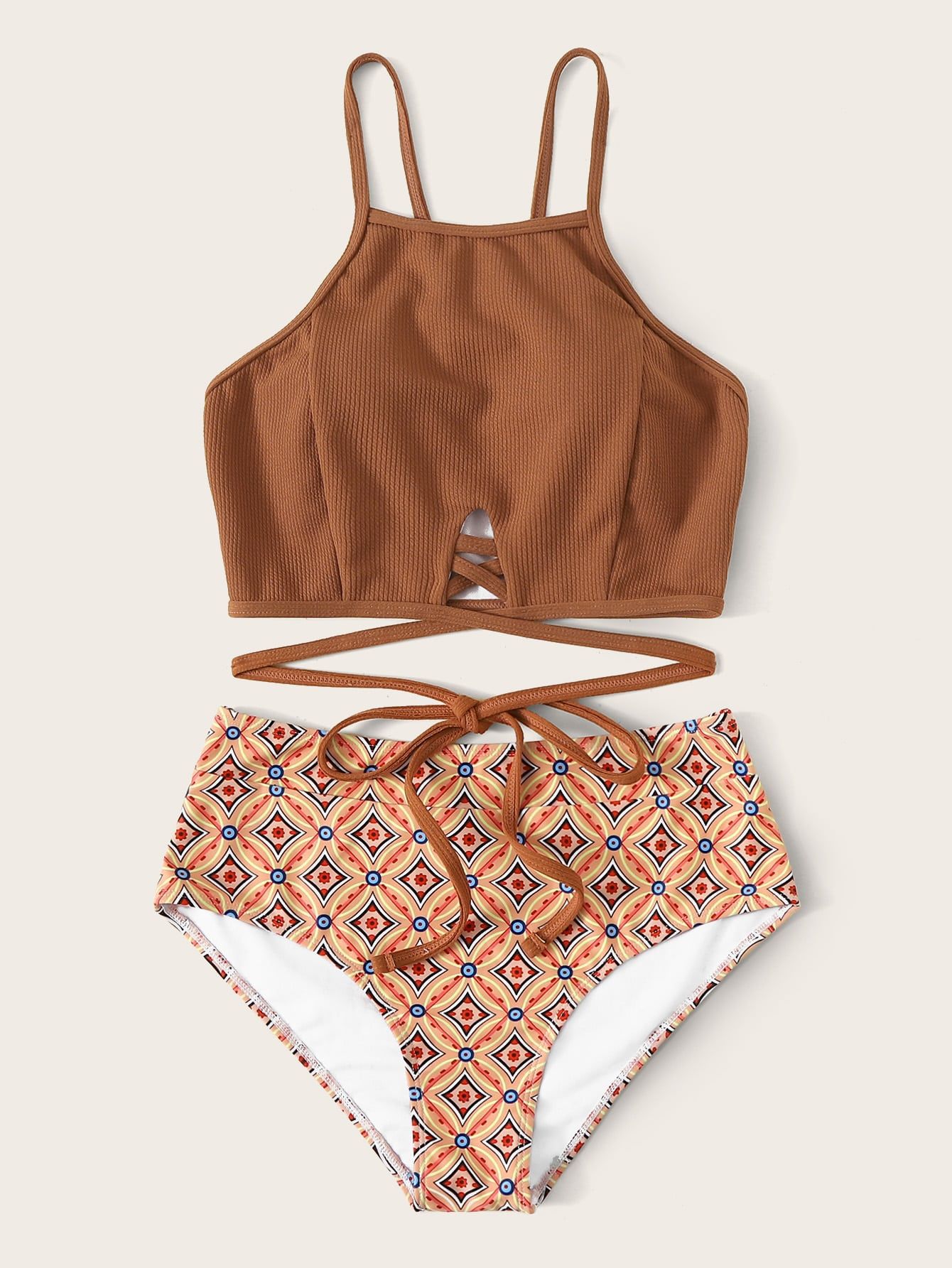 Women In High Waisted Brown Split Swimsuit