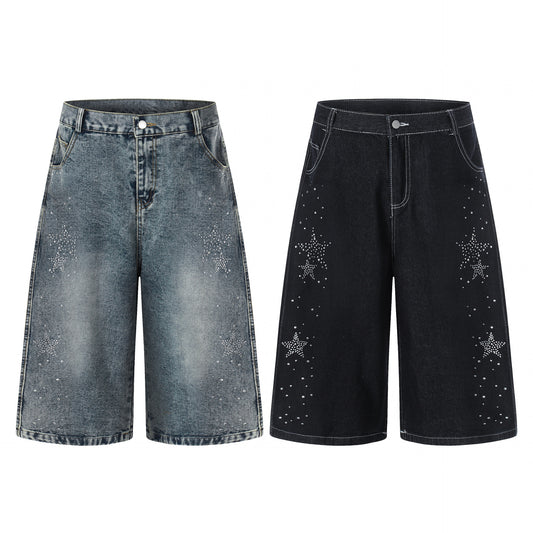 Stjerneformede Rhinestoneudsmykkede Capri Denimbukser Damer Løstsiddende