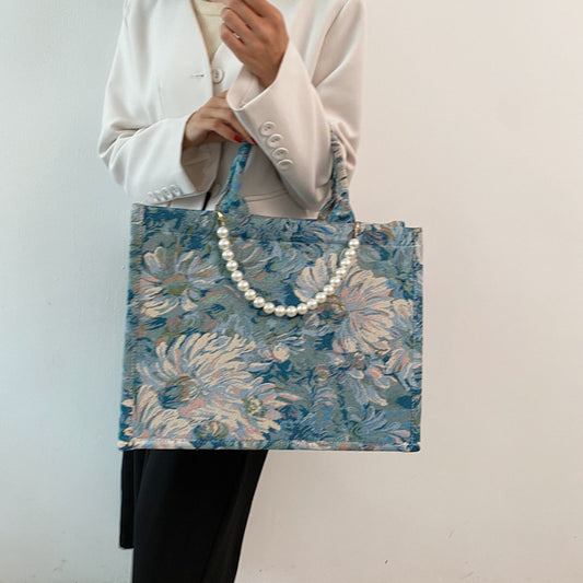 French Niche Pearl Jacquard Monet Garden Oil Painting Tote Bag