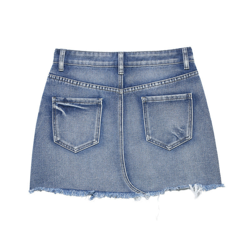 European And American Style Fashion Casual Simple Hole Denim Mini Skirt