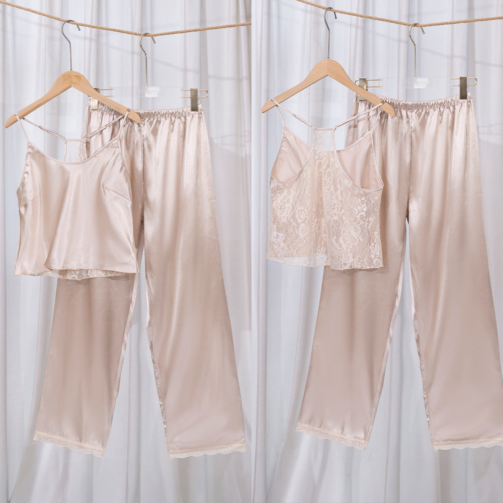 New European And American-style Ice-silk Pajamas For Women Camisole Top With Long Pants