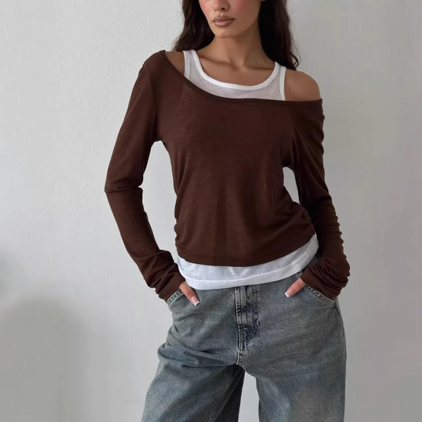 Fake Two-tone Color Long Sleeve Women's Slim-fit Short Base Shirt