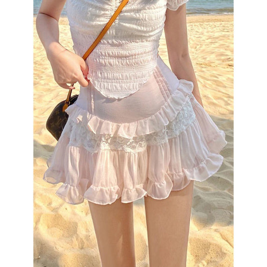 Sweet Girl Lolita High Waist Slimming Flounce Chiffon Lace Skirt