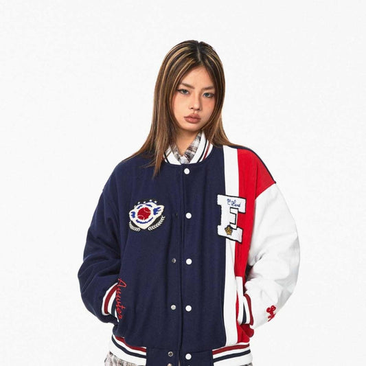 BLACKBBAmerican Color Contrast Patchwork Retro Baseball Uniform Jacket Coat