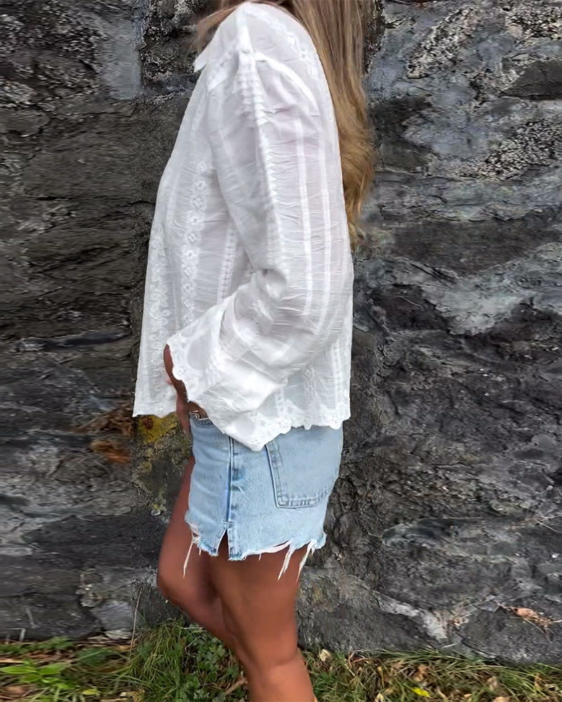 Color Embroidery Hollow Out Polo Collar Shirt Long Sleeve Button Cardigan Top