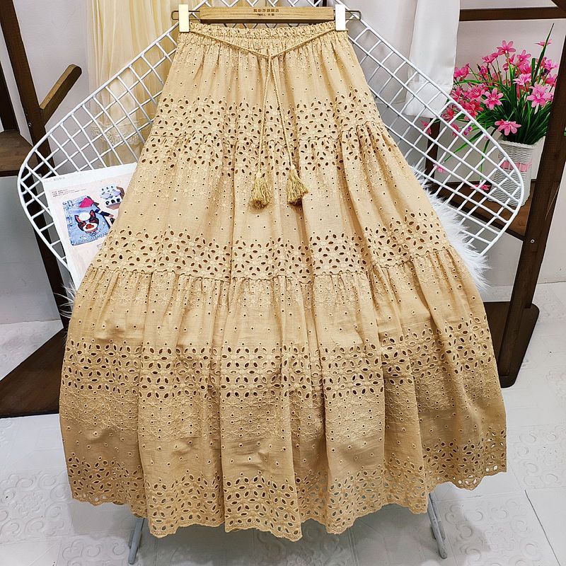 High Waist Stitching Crocheted Fairy Large Swing A- Line Mid-length