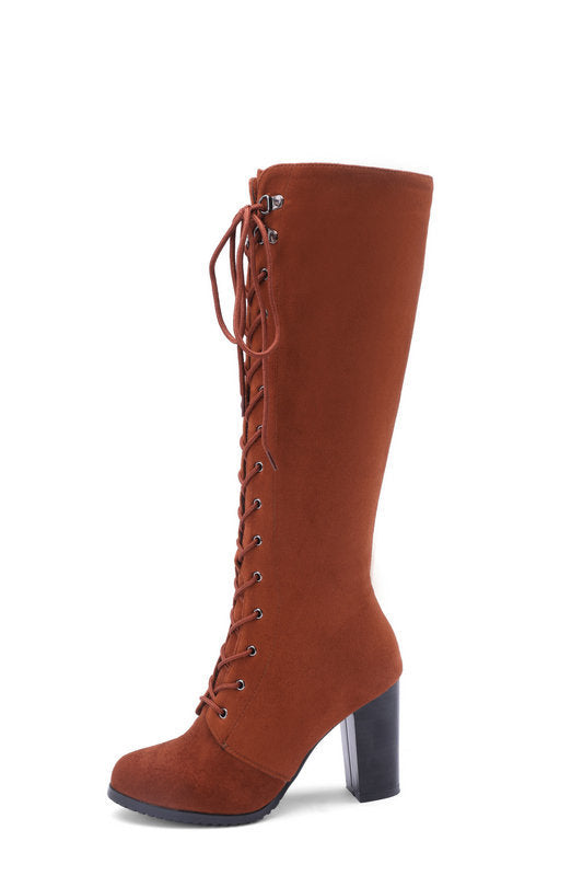 Women's High Boots Foreign Trade Thick High Heel Winter New European And American Women's Boots Front Lace Handsome Suede Knight Boots Motorcycle Boots
