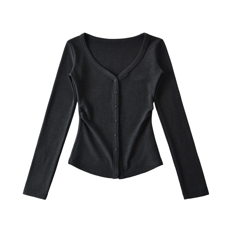 Macaron-colored V-neck Button-front Waist-cinching Top With Long Sleeves