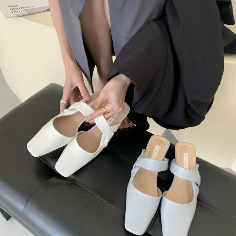 Fashion Closed Toe Half Slippers Chunky Heel