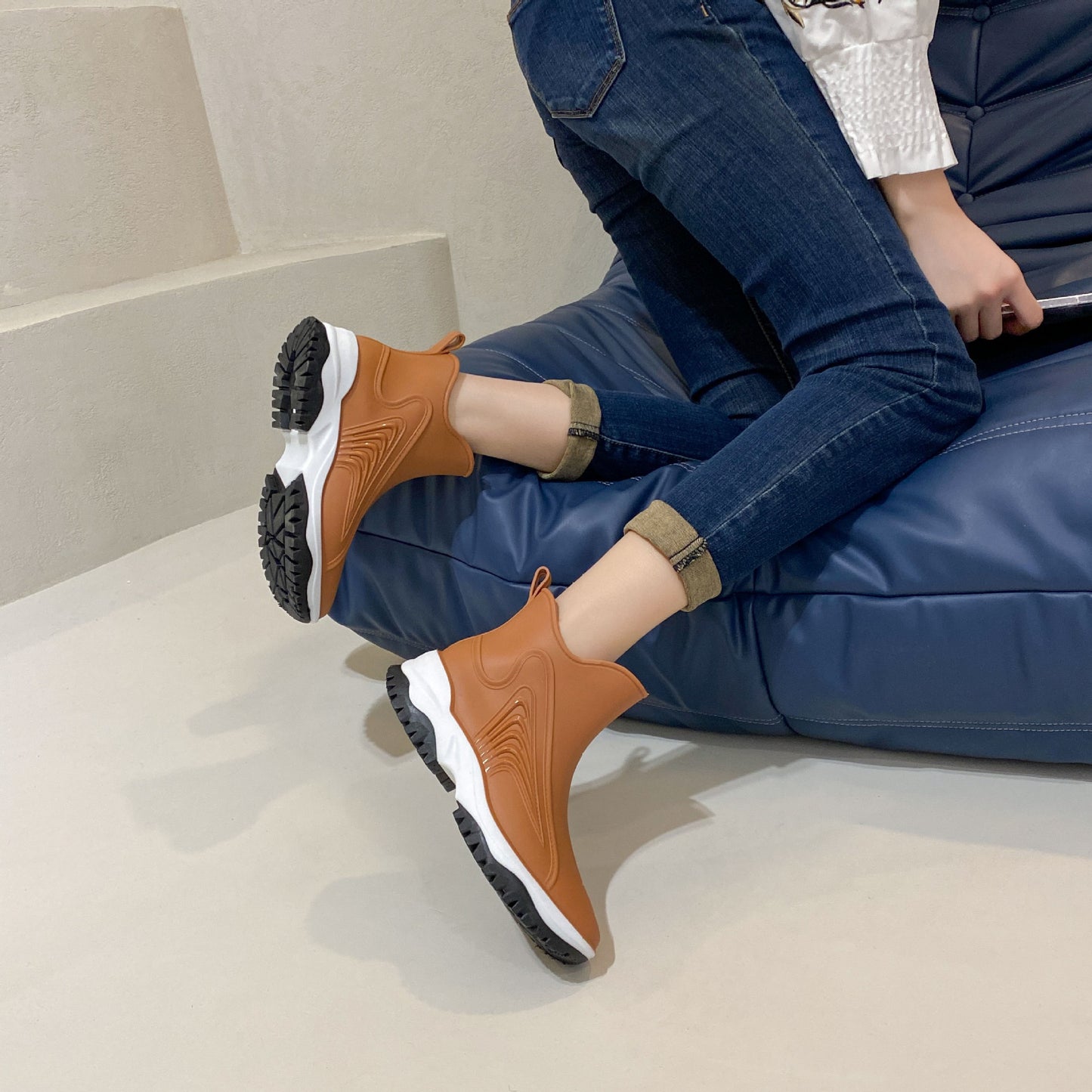 Fashion Color Blocking Thick Sole Low Top Women's Rain Boots