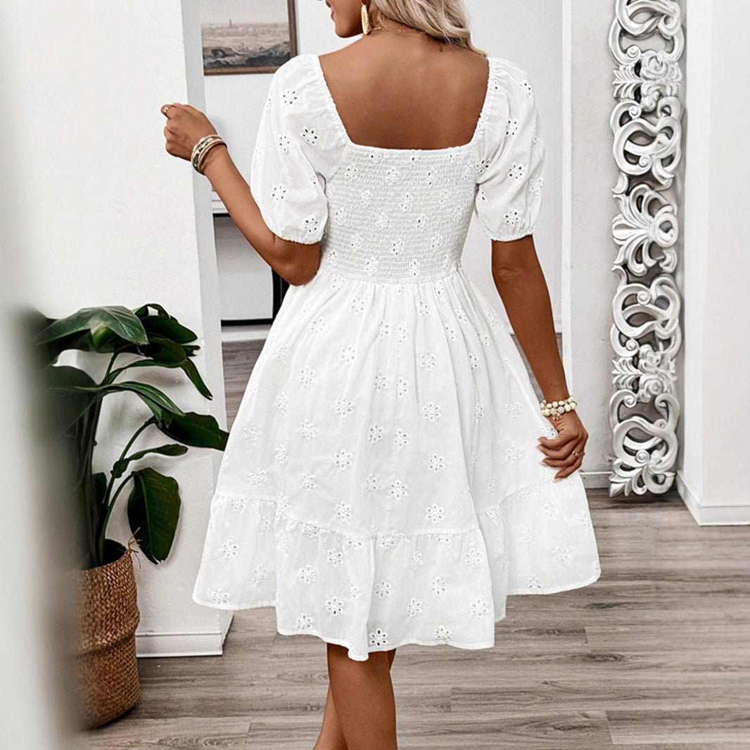 Solid-color Square-neck Short-sleeve Dress