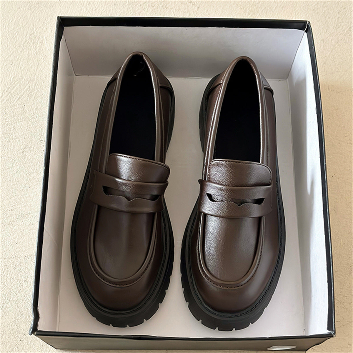 New Chunky Heel Platform British Style Leather Shoes Women