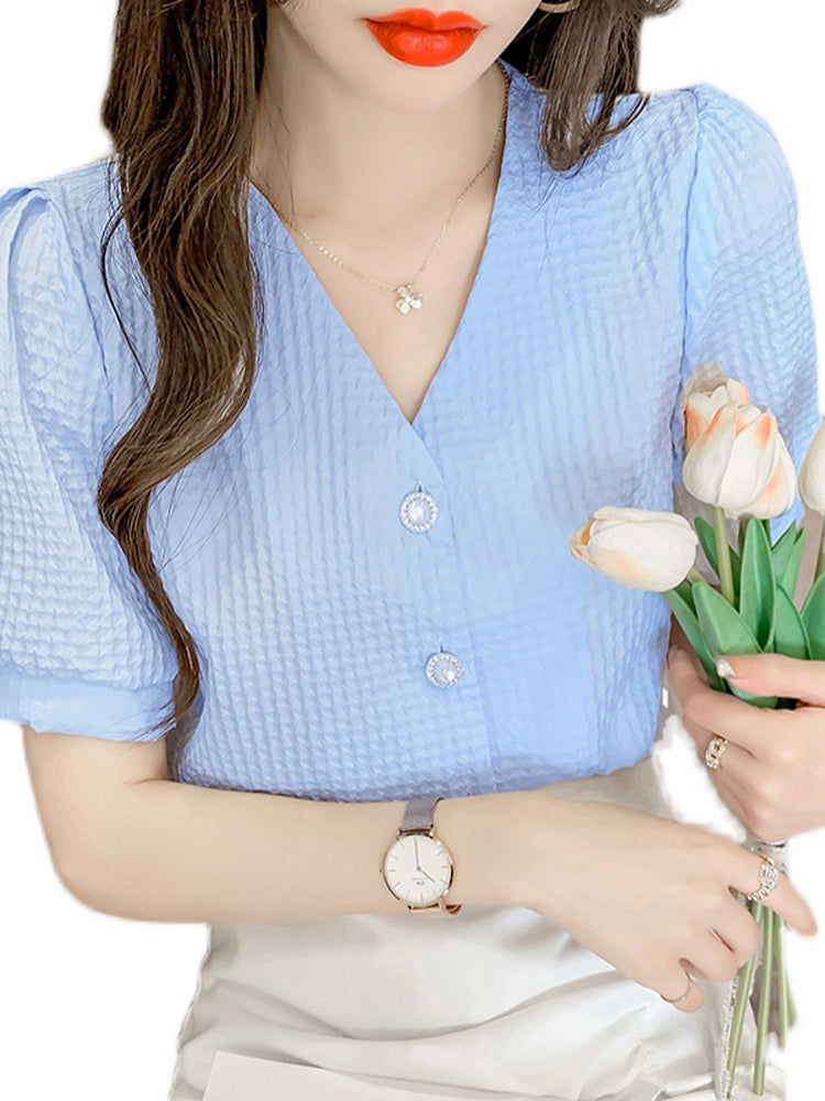 Women's New Temperament V Neck Puff Sleeve Top Short Sleeve Shirt