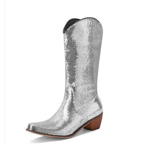 Womens Block-Heel Patent Leather Knee-High Boots