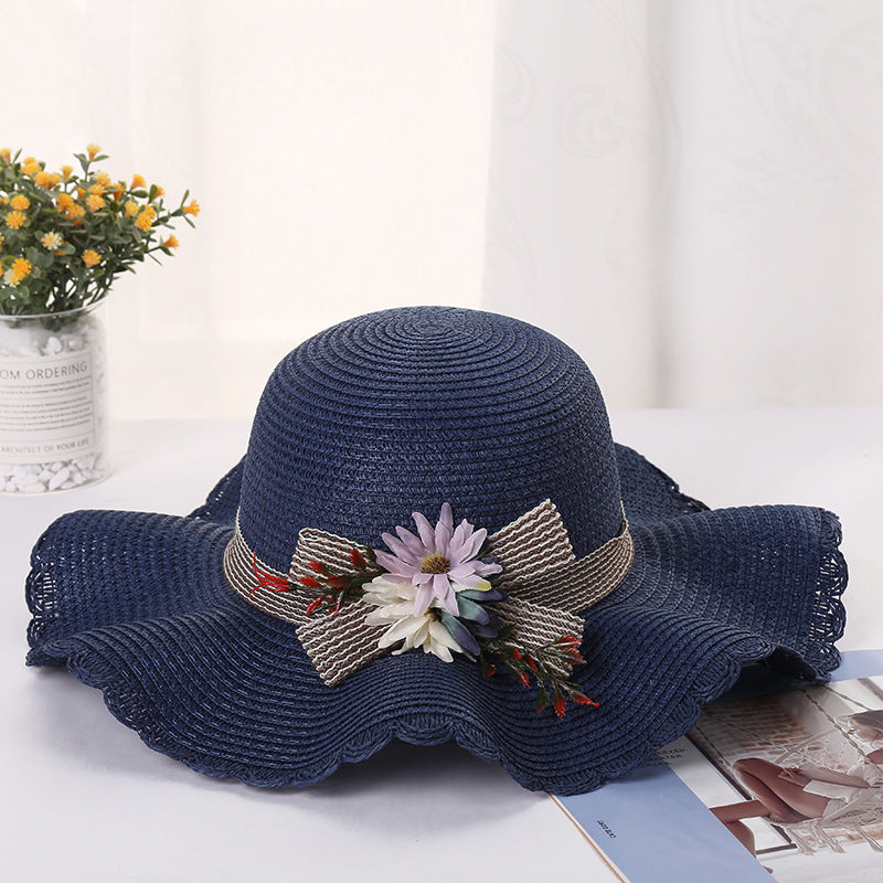 Ladies Flower Wavy Brim Outdoor Sun Protection Straw Hat