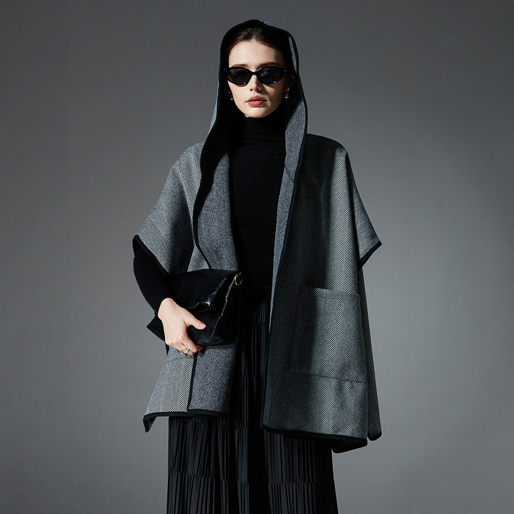 New Double-faced Woolen Goods Herringbone Pattern Hooded Shawl