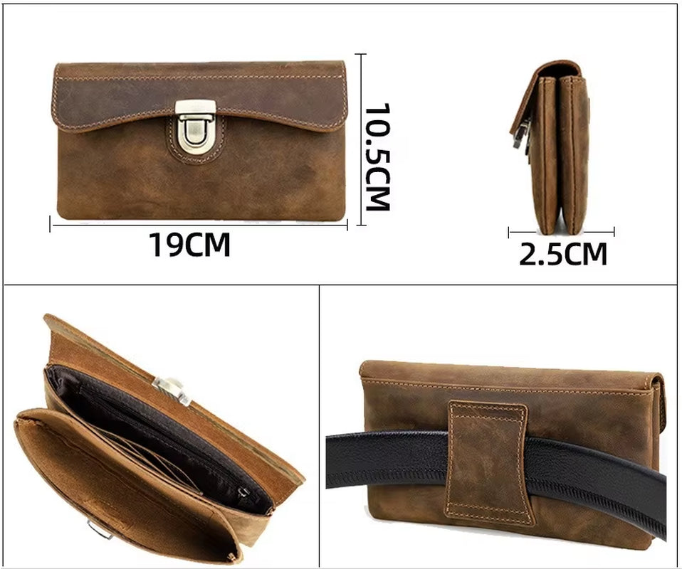Retro Crazy Horse Leather RFID Anti-Magnetic Waist Bag with Multi-Functional Lock, Real Leather Mobile Phone Waist Bag