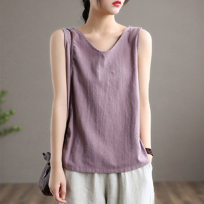 Solid Color Plus Size Literary Sleeveless Round Neck Vest