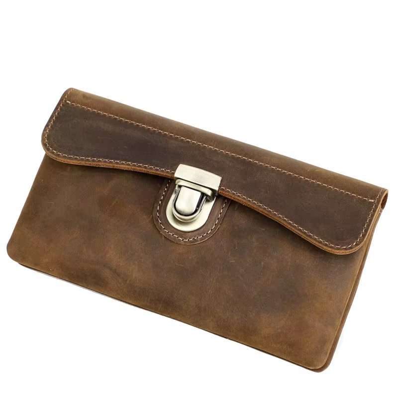 Retro Crazy Horse Leather RFID Anti-Magnetic Waist Bag with Multi-Functional Lock, Real Leather Mobile Phone Waist Bag