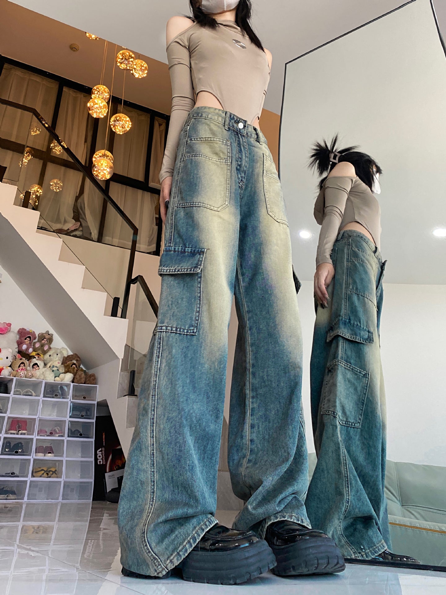 Amerikansk Workwear Lomme Brede Ben Denim Lige Bukser til Kvinder
