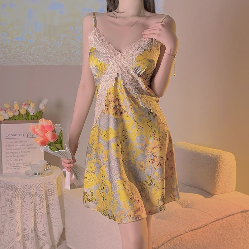 Yellow Floral Satin Cross Lace Waist Slimming Nightdress