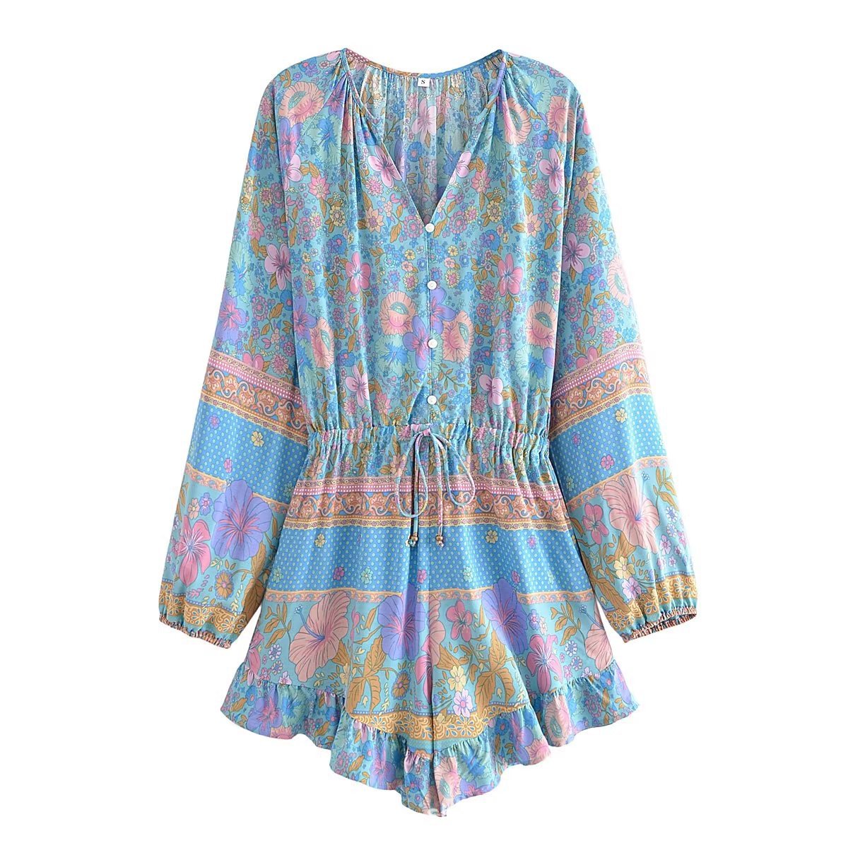 New Retro V-neck Jumpsuit Drawstring Nipped Waist Shorts