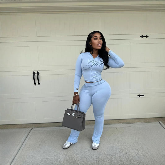 Solid Color Short Hood Top And Trousers