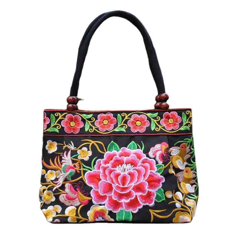 Ethnic Style Embroidered Handbag Wooden Bead Lace Bag