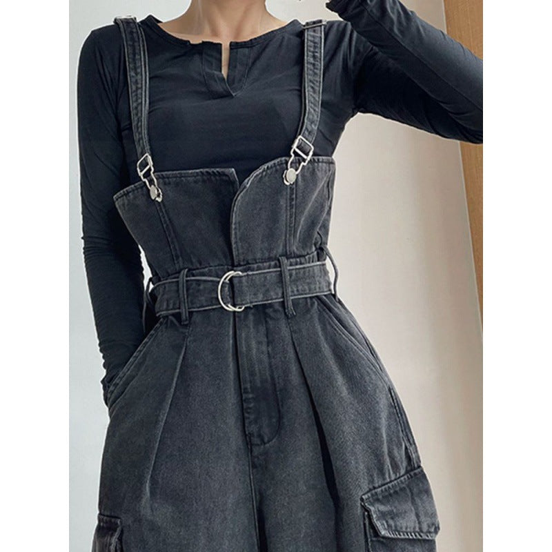 Loose Wide Leg Denim Suspender Pants Women's Autumn Fashion