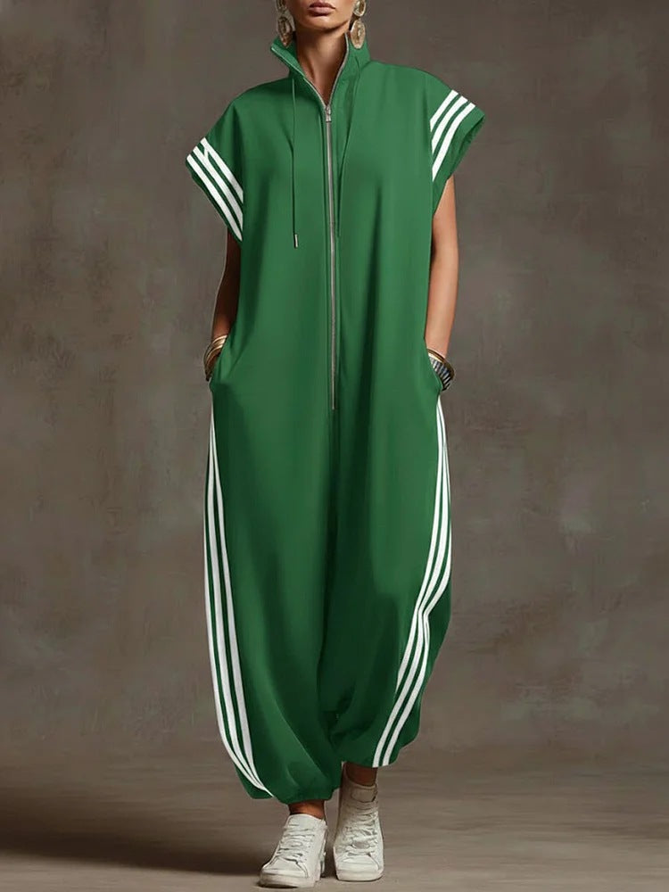 Striped Contrast-Color Jumpsuit With A Zippered Stand Collar