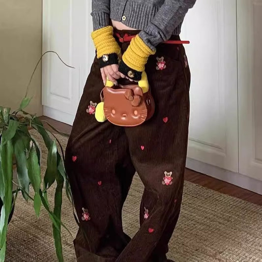 Retro High-Street Corduroy Pants With Embroidered Bear Design