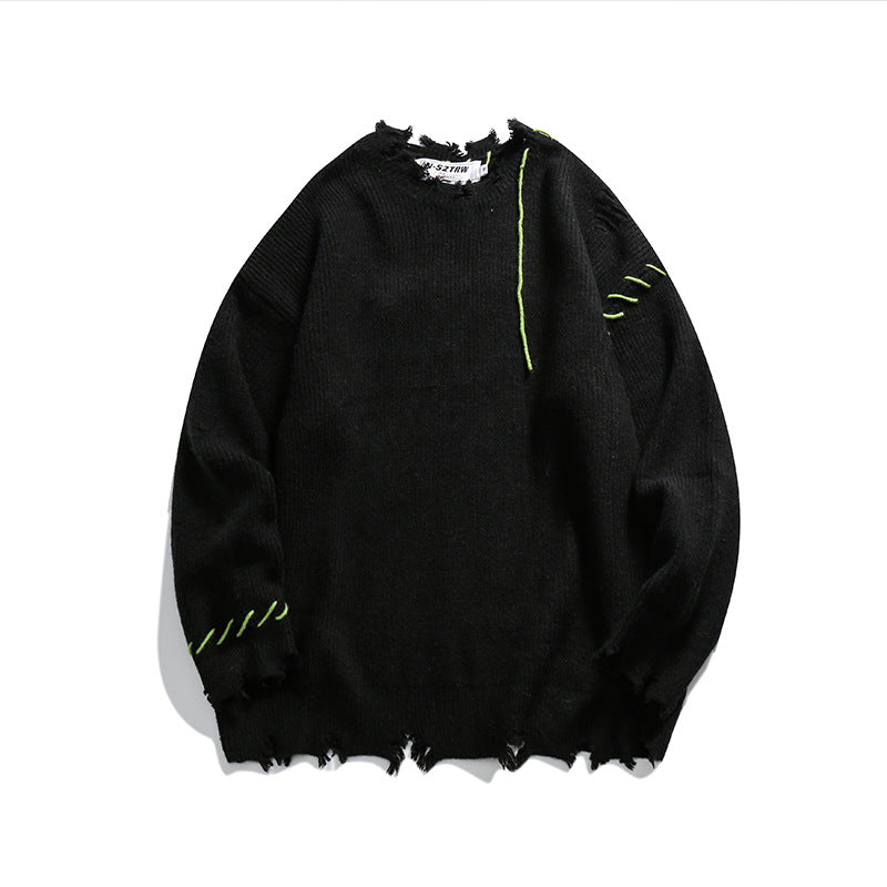 High Street Hip Hop Contrasting Color Embroidery Ripped Green Sweater
