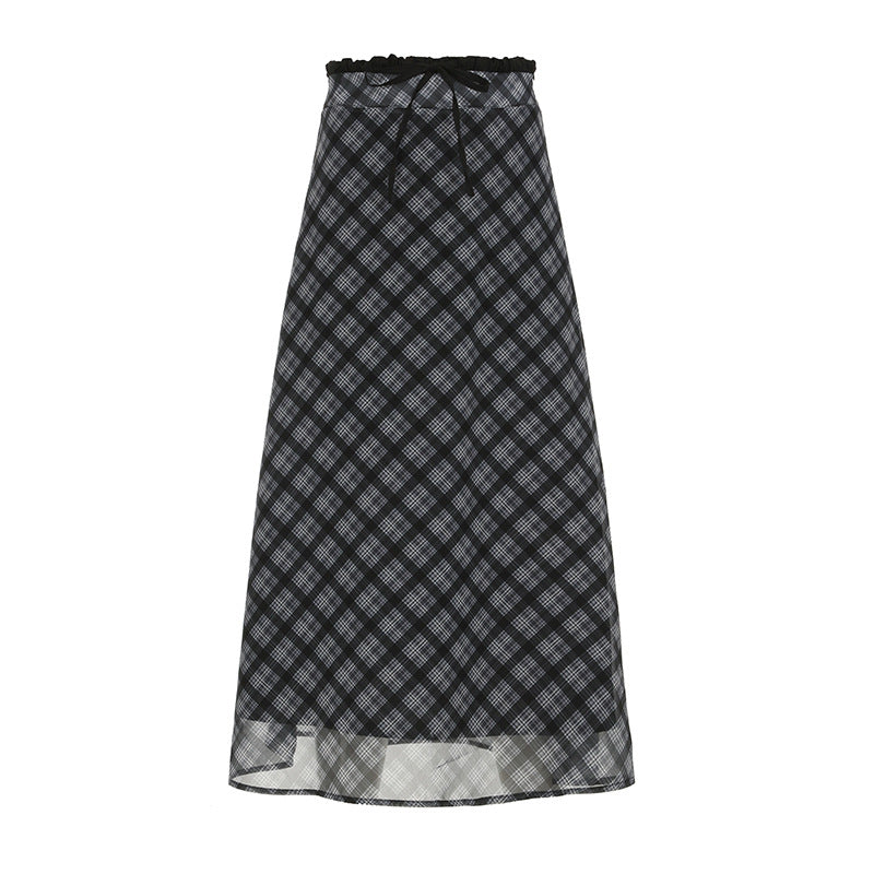Retro Plaid Chiffon Patchwork Straight Skirt