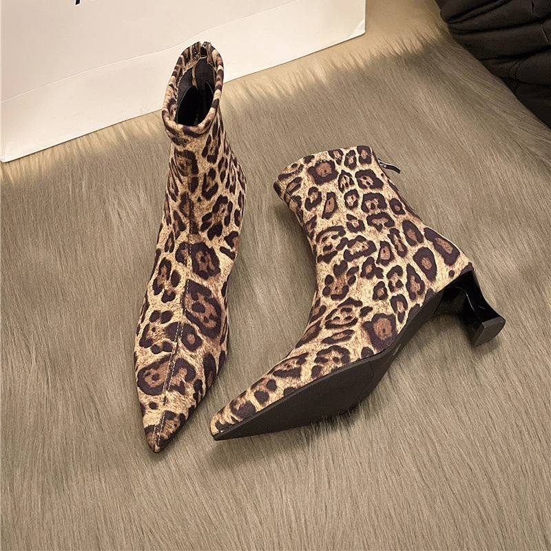 Slim High-heel Leopard Print Pointed Toe Stylish Short Boots For Women