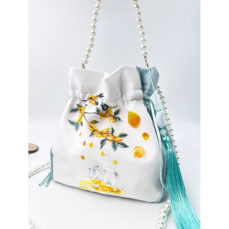 Women's Creative Printing Suzhou Embroidery Pearl Chain Handbag