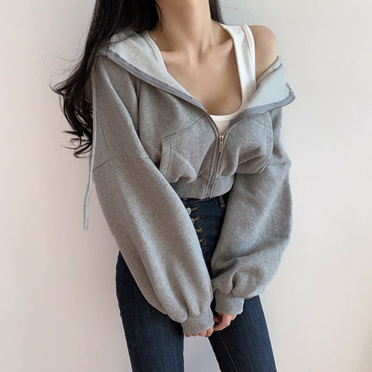 Temperament Fritid Alsidig Lynlås Kvinders Hætte Løs Kort Sweatshirt