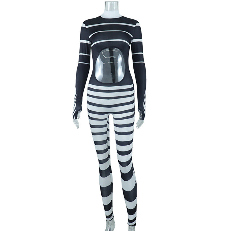 Women's Stand Collar Hollowed Out Print Long Sleeve Hip-lifting Bodysuit